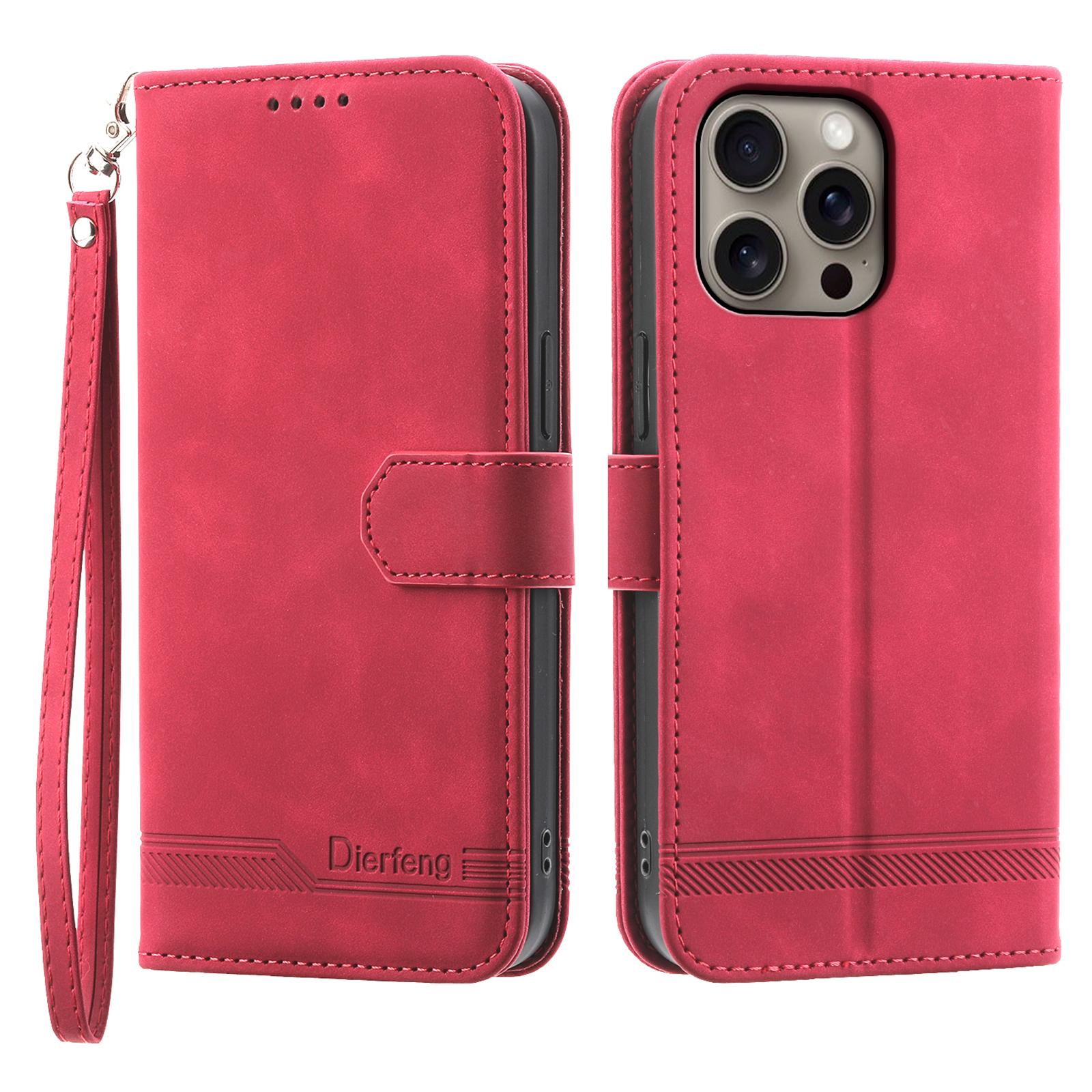 

DIERFENG DF-03 For iPhone 16 Pro Max Wallet Case Anti-Drop Lines Imprinted Phone Cover Red