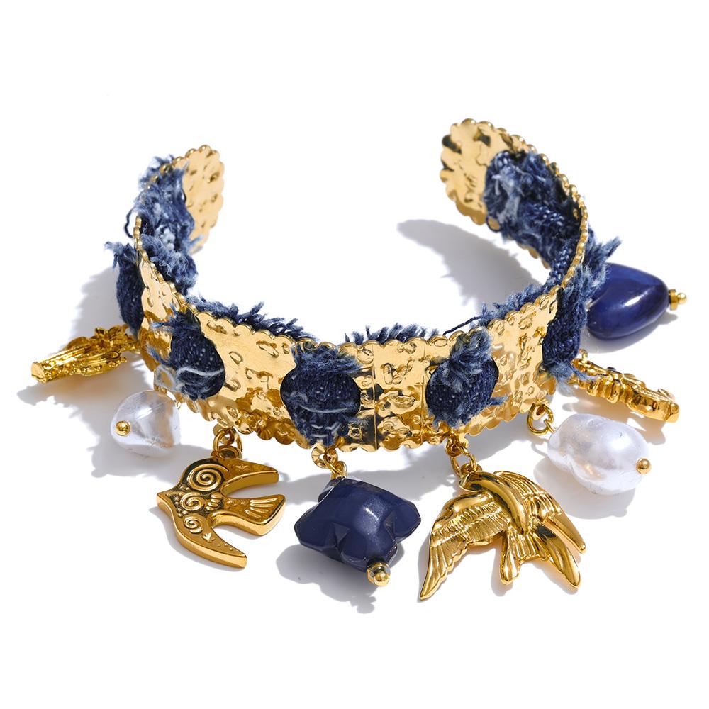

Yhpup Exclusive Design Blue Denim Acrylic Pearl Bird Heart Drop Cuff Retro Bracelet Stainless Steel Distinctive Charm Jewelry