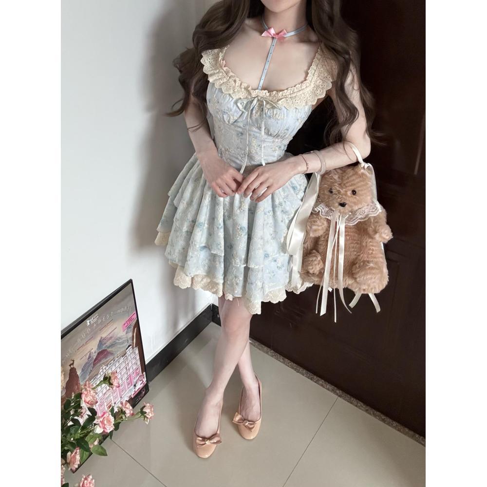 

Сяофэй рукав сарафан юбка женская летняя милая маленькая свежая синяя цветочная короткая юбка-тортик талия платье принцессы XL- (recommended 110-60kg) синий