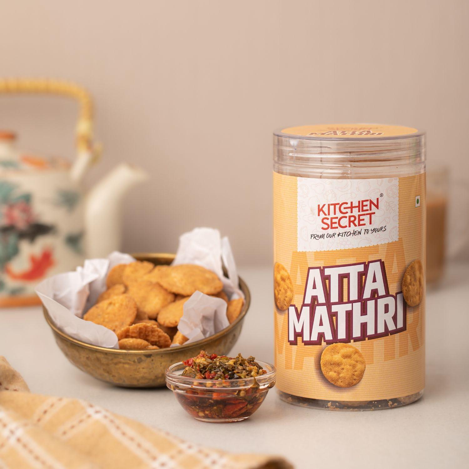 Kitchen Secret Atta Mathri 320g, Crunchy Whole Wheat Snack - Traditional Indian Namkeen - Homemade Taste - Crispy Tea Time Treat - No Prese