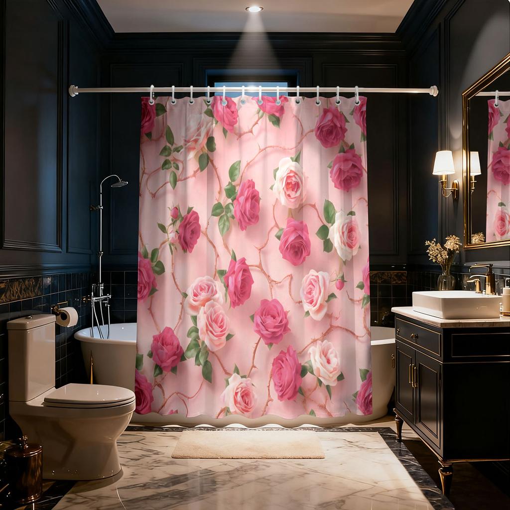 1pc Pink Rose Printed Waterproof Shower Curtain Partition Privacy Hanging Curtain with 12 Hooks Available in Multiple Sizes