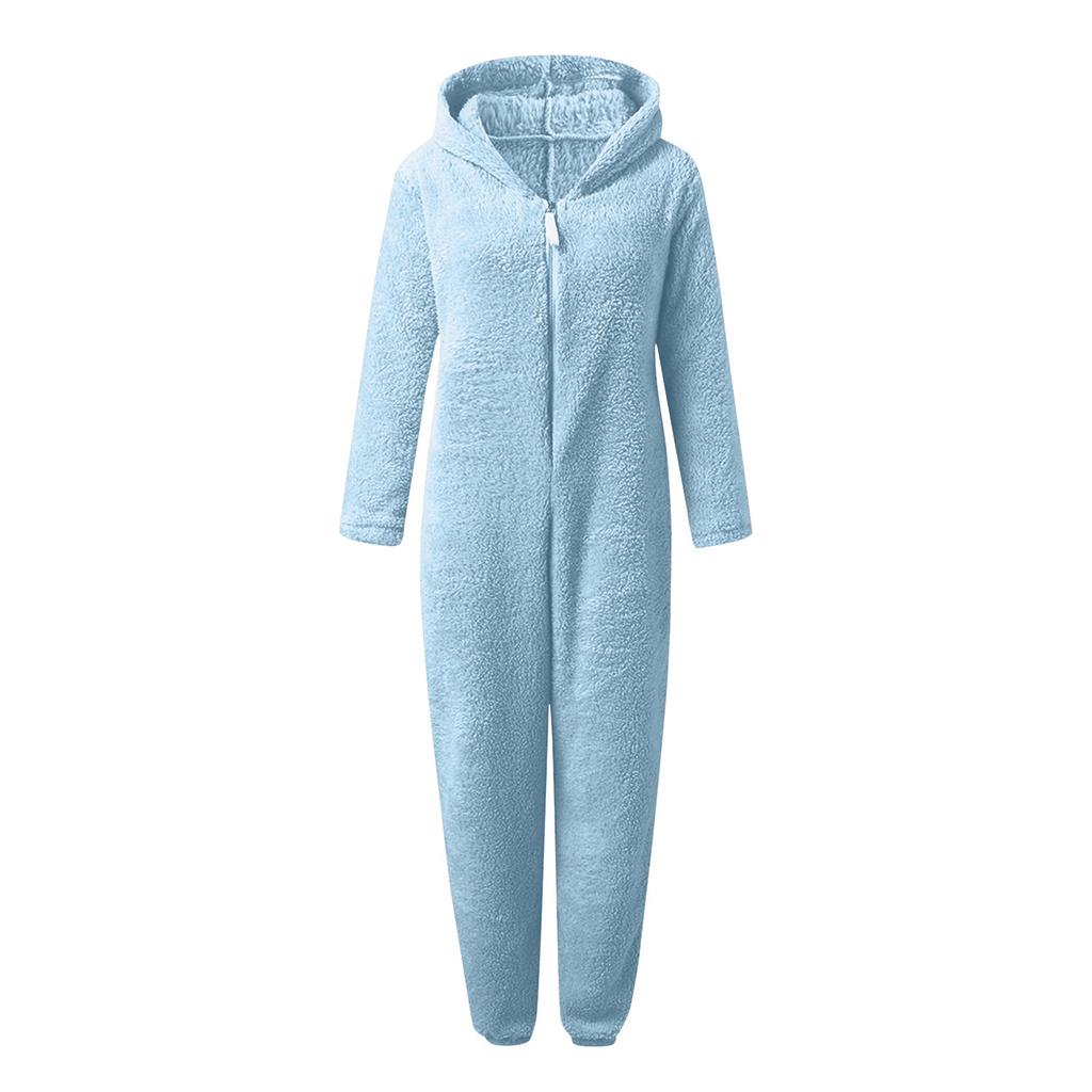 Damen Langarm-Overall mit Kapuze, Pyjama, lässiger Winter-warmer Strampler, Nachtwäsche