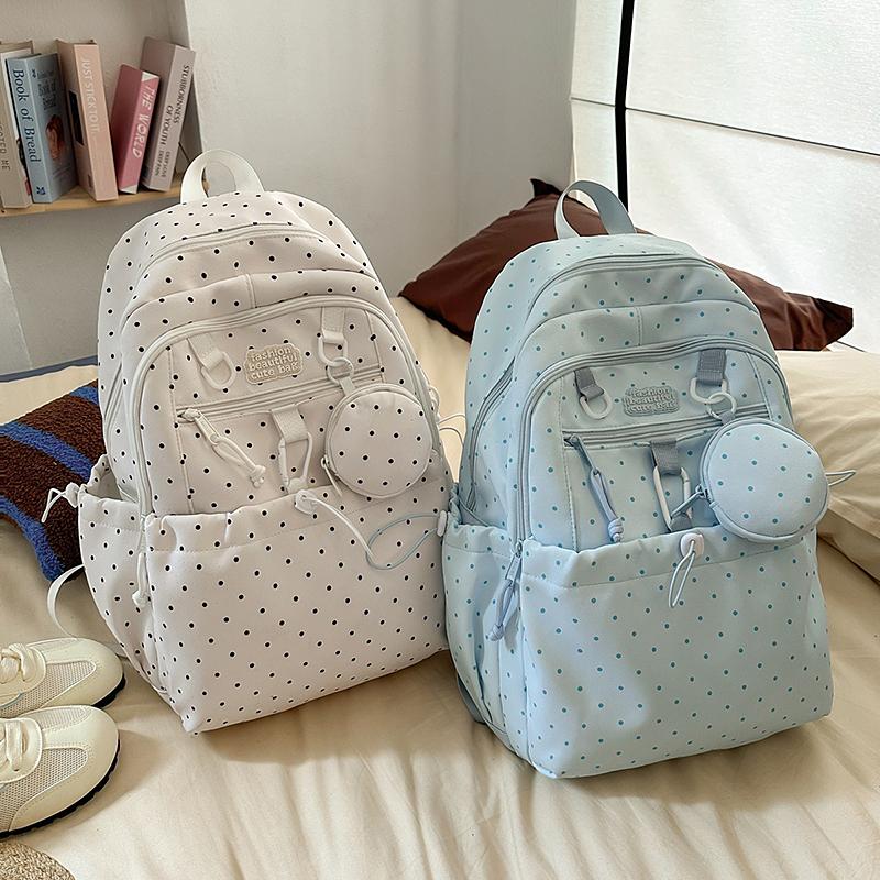 Women's Wave Point Print Backpack Junior High School Student Schoolbag Large Capacity Backpack with Coin Purse