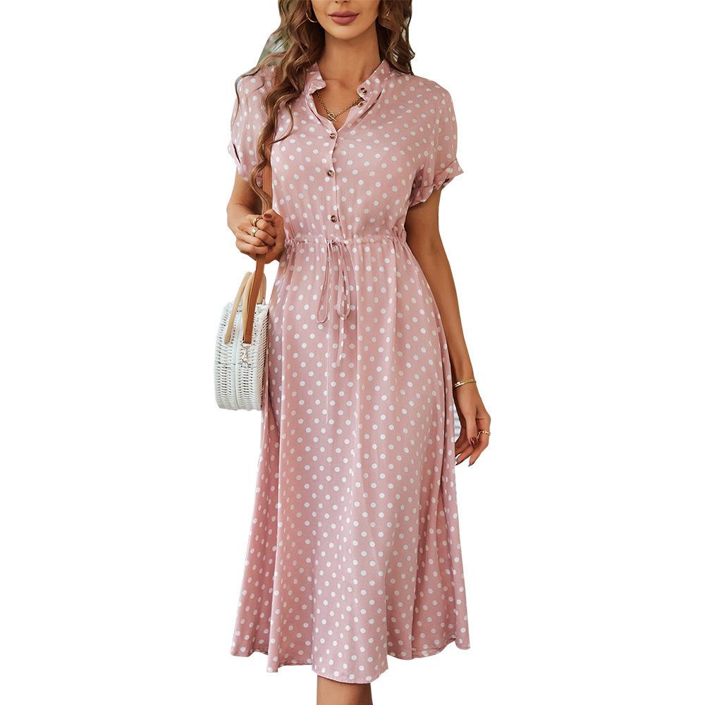 European Polka Dot Mori Girl Dress - 2024 Summer Collection: Versatile Shirt Collar Swing Skirt