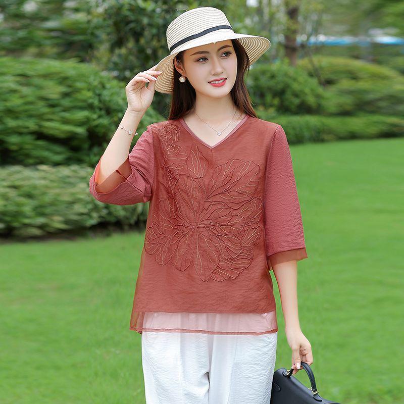 

Женская блузка больших размеров весна/лето Садовая элегантность Цветочный вышитый ансамбль Топы для парковых вечеринок Модные футболки L красный