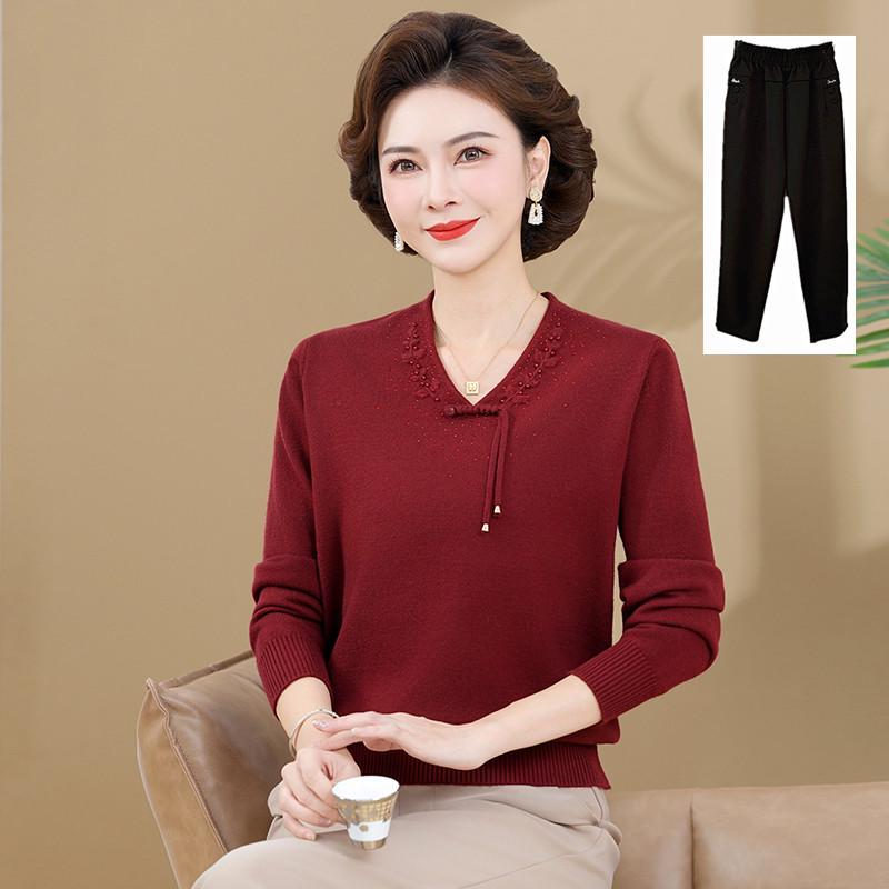 2025 New Style Red Winter Base Layer Top for Middle-Aged Women - Thickened Knitted Sweater