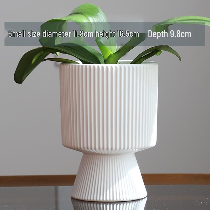 Nordic Ceramic Flower Pot with Tray - High-Footed Vertical Stripes for Indoor/ Balcony, Ideal for Pothos and Orchids.