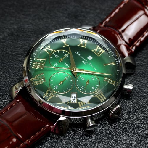 Salvatore Mara Watch Faceted Glass Chronograph Business Formal Men's Green Brown SM19104-SSGRGDBR