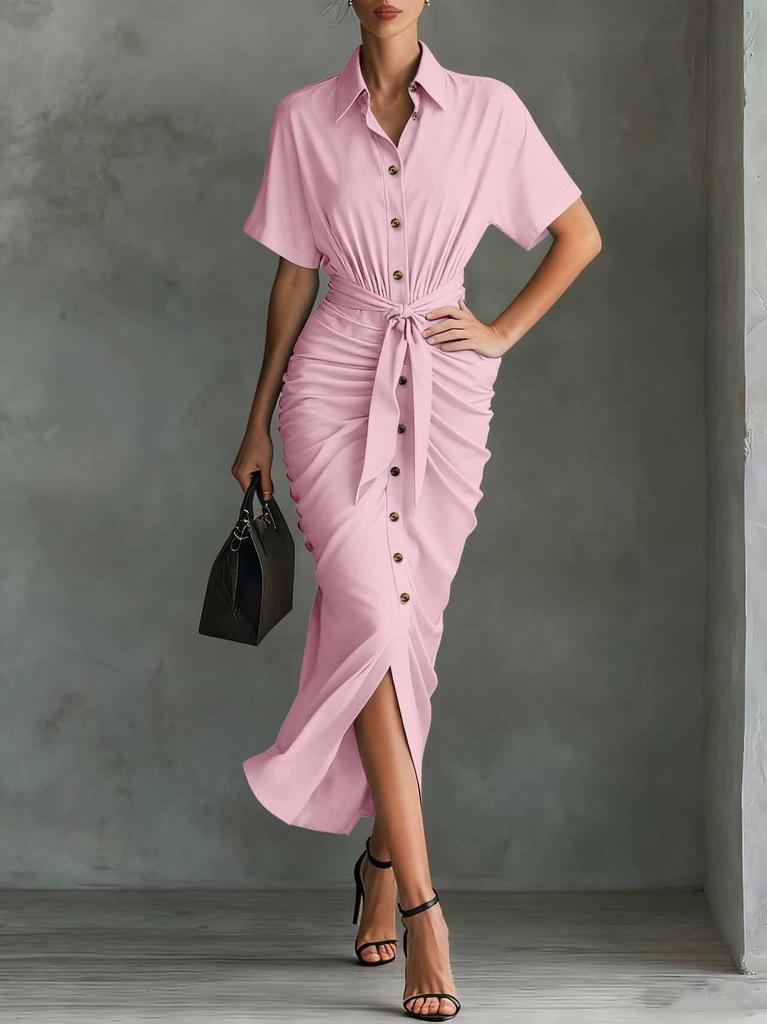 Women's Fashion Vintage Short-Sleeve Pleated Button-Down Shirt Dress