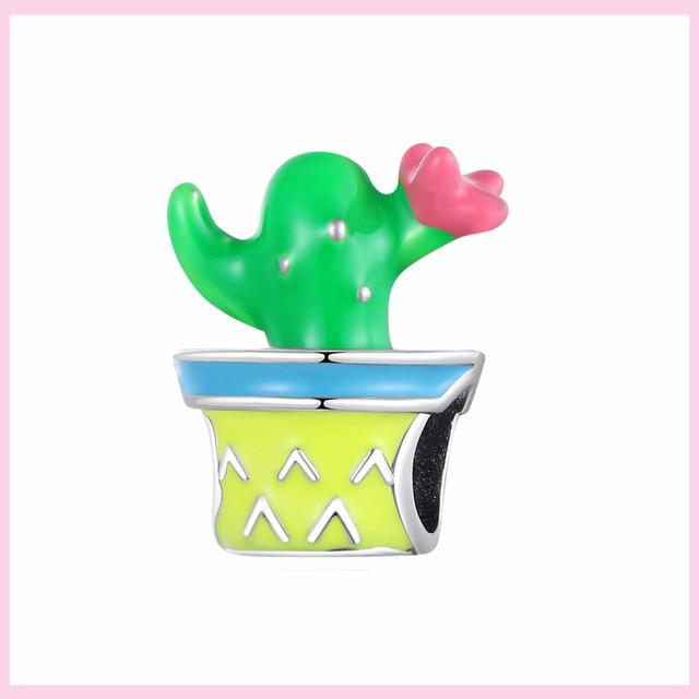 925 Silver Green Color Charms Temperament Cactus Avocado Charm Four Leaf Bead For Bracelet Jewelry Making