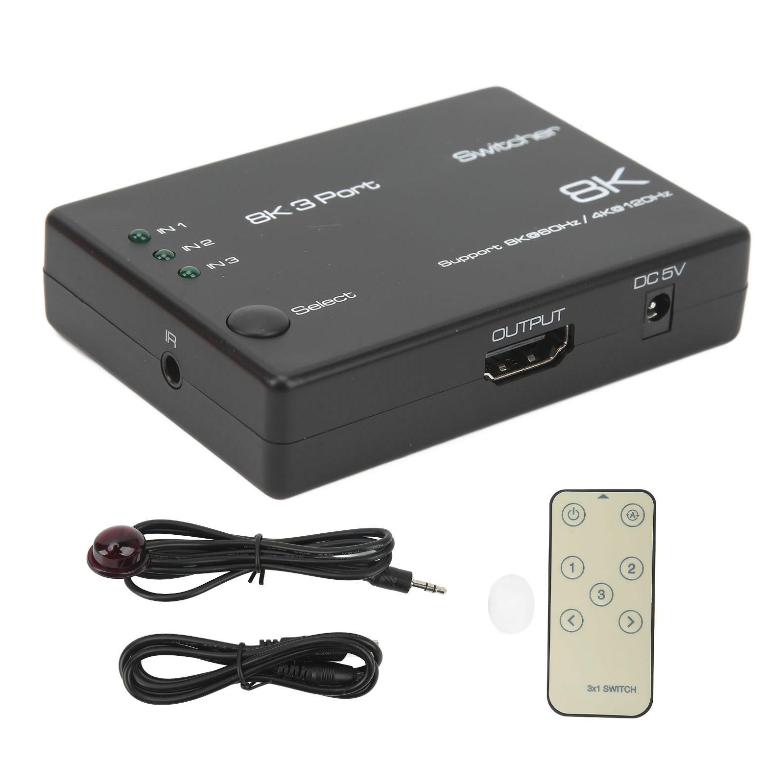 

4K 120Hz 8K 60Hz 3 In 1 Out Ultra HD Output Switcher Selector Splitter Support HDR HDCP2.3