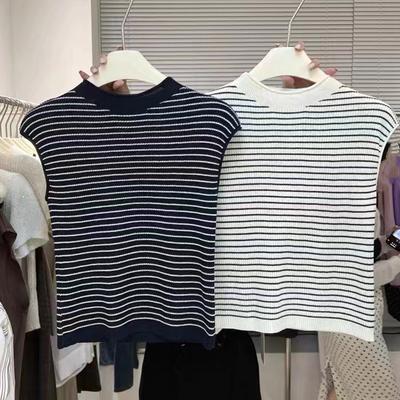 Fashion Design Sense Temperament Sleeveless Round Neck Knit Shirt Striped Undershirt Female Sweet Slim Thin Tops Casual Slim Fit Pullovers Tees