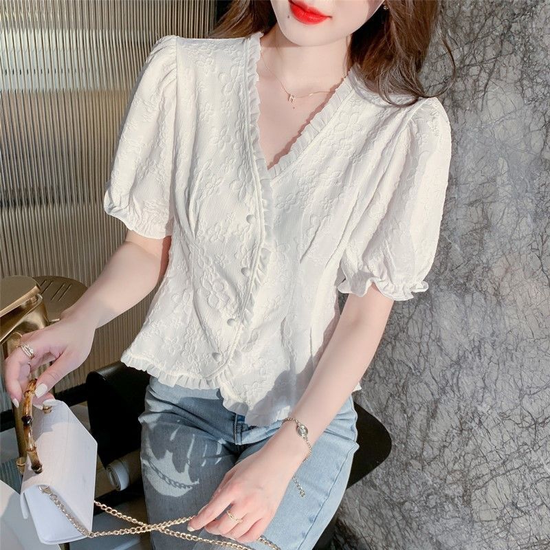 Chiffon Shirt for Women's Design Niche Ruffle Short Sleeves Temperament Commute Leisure