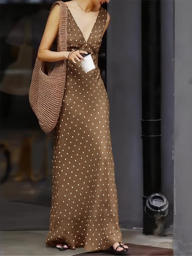 Women Sleeveless V Neck Polka Dot Print Maxi Dress Solid Color Casual Beach Dress