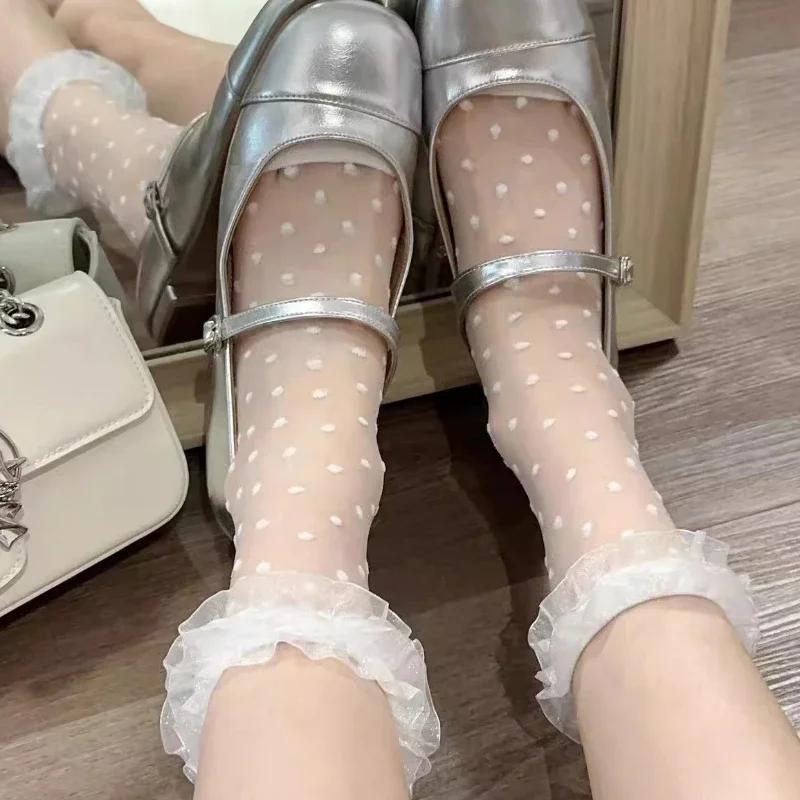 

Summer Thin Japanese Style Lace Dot Pattern Socks Crystal Short Socks JK Underwear Home Clothes Short Mesh Edge Sock білий