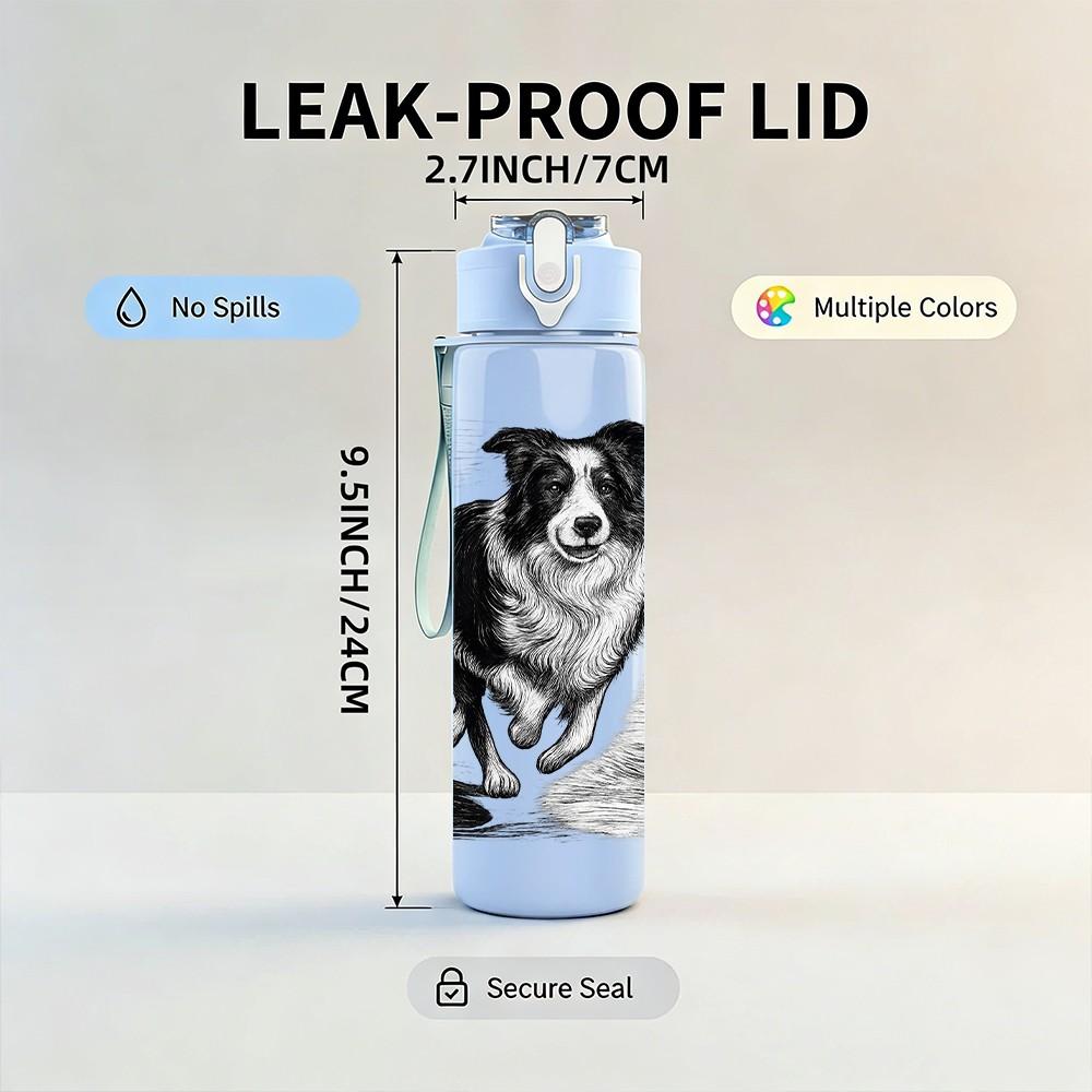 1PC Black White Border Collie Dog Print 750ml Color Plastic Sports Water Bottle Leakproof Flip Straw Lid Suitable for Sports Office Home Use