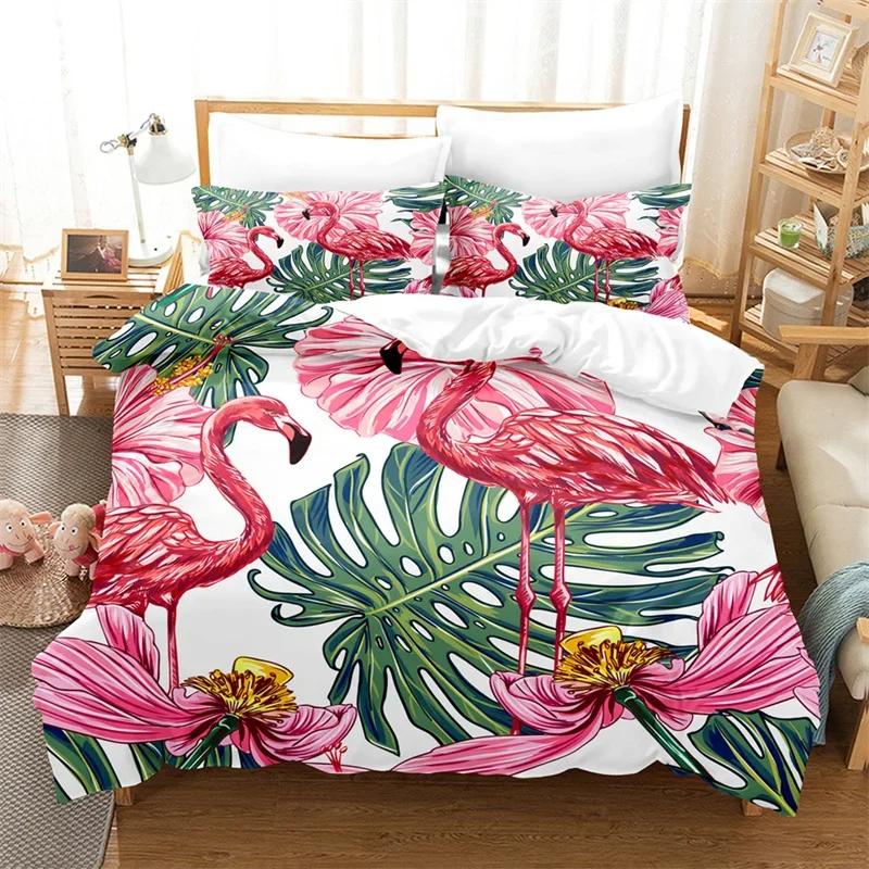 Flamingo Bettbezug Tropische Palmenblätter Bettwäschebezug Polyester 3D Blumiges Bettwäsche-Set Twin King Für Mädchen Jungen Zimmerdekor