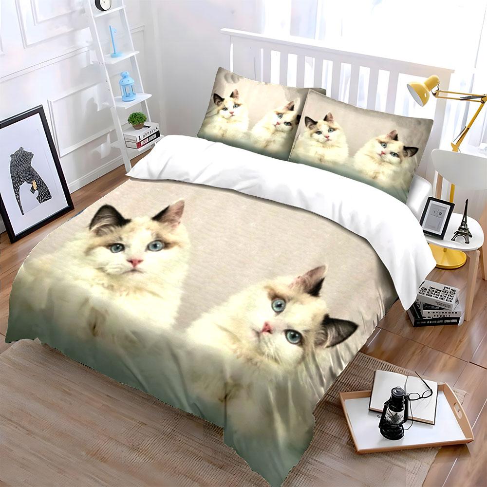 Kawaii Ragdoll Cat Bedding Set 3pcs,Couple Cute Pet Kitten Print Duvet Cover, Cozy Bed Linen for Bedroom,Guest Room Decor,Gift