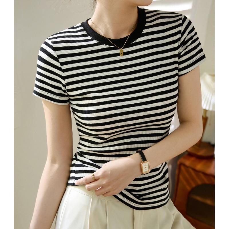 Striped T-shirt Women's Summer Short Sleeve New Pure Cotton Retro Top Slimming Bottom Shirt