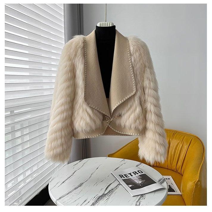 Winter Faux Fur Coat Women Short Wool Fashion Open Front Jacket with Fur Collar