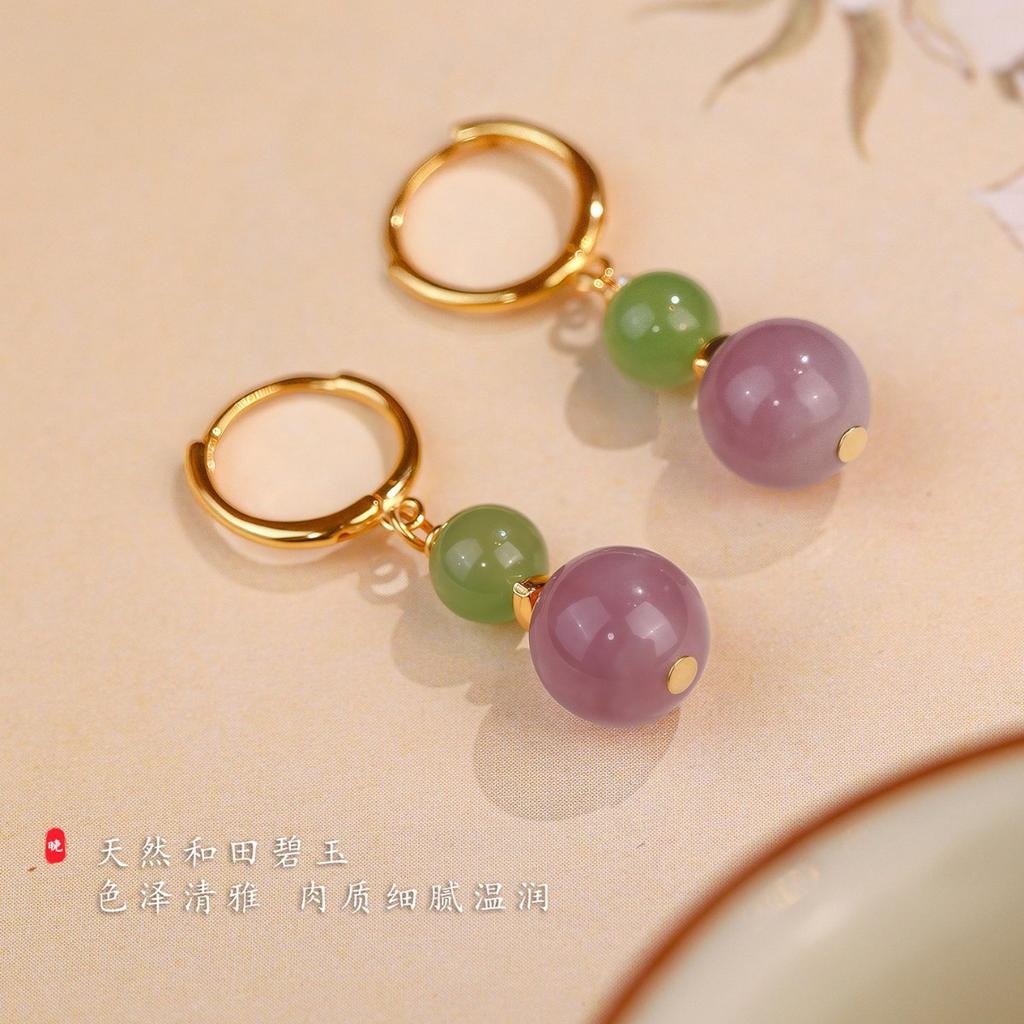 Natural Purple Jasper Feng Shui Earrings New Popular High-End Copper Alloy Stud Earrings for Women