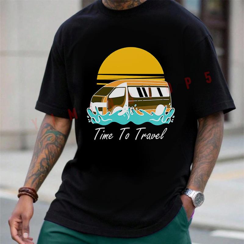 Time To Travel Graphic Motorcycle T-Shirt Motorrad Fans Summer Cotton Men Short Sleeve O-Neck T