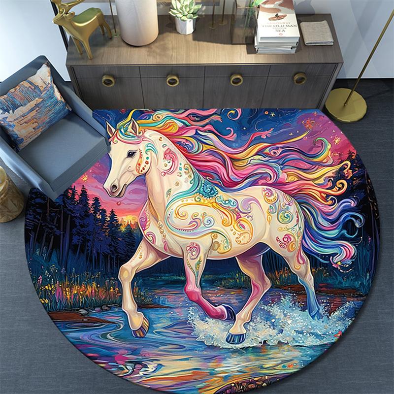 Fantasy Horse Round Area Rug,Carpet Rug for Living Room Bedroom Sofa Playroom Decor,Non-slip Floor Mat