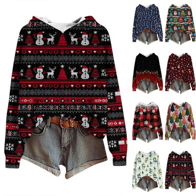 Women's Fashion Casual Long Sleeve Christmas Print Hooded Knitted Sweatshirt