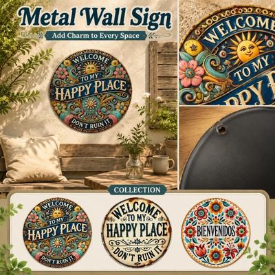 Metall Gartenschild Willkommen an meinem glücklichen Ort Dekorative Außenwandplakette für Terrasse Hof Veranda Innen Außenbereich Verwendung Langlebiges Material