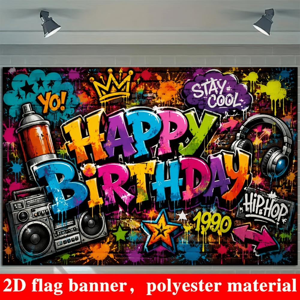 90s Hip Hop Birthday Backdrop Banner, Graffiti Boombox Headphones Crown Color Splash Photo Background, Polyester Wall Decor