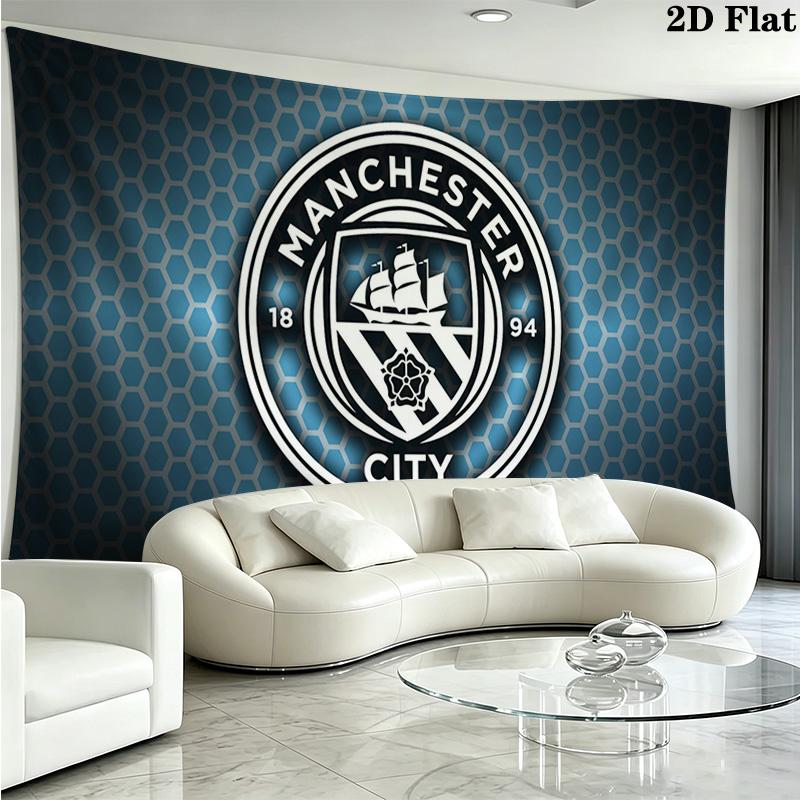Manchester City FC Logo Wall Tapestry Aesthetic Wall Hanging Printed Fabric Blanket Decorative Tapestries for Bedroom Living Room Home Decor