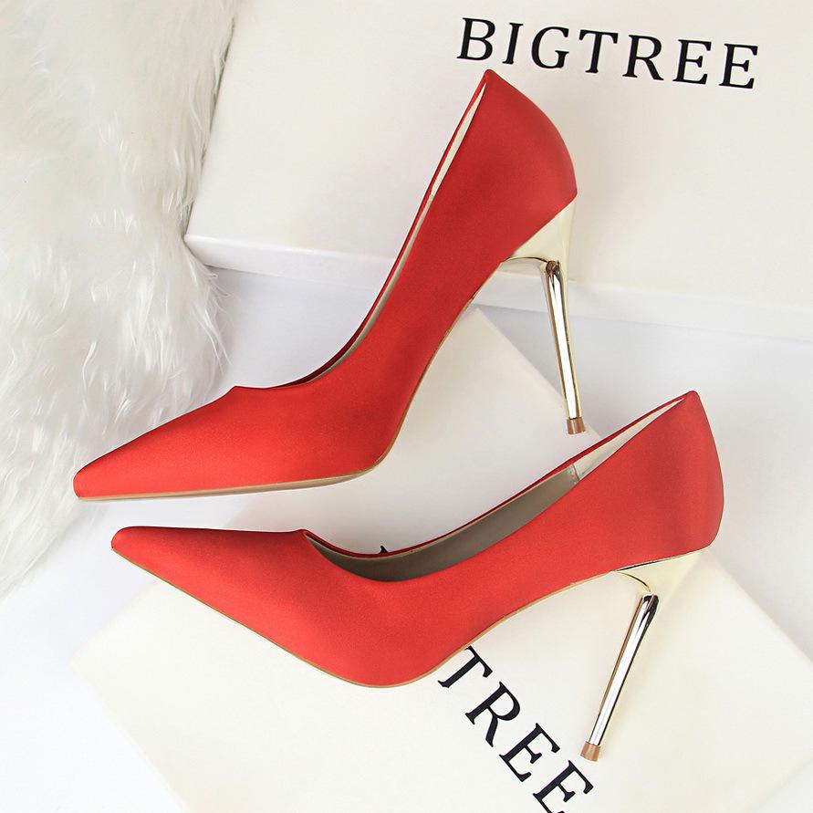 

BIGTREE/12 цветов, женская мода, атласные туфли на высоком каблуке 10,5 см с острым носком и острым носком, сексуальные туфли на высоком каблуке для ночного клуба 36 красный