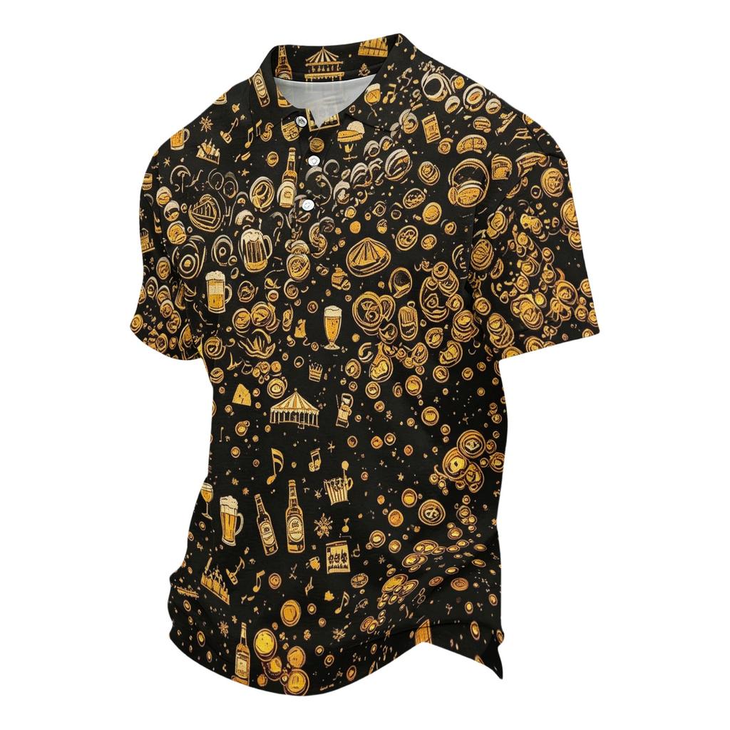 Unisex ležérní polo tričko volného střihu s krátkým rukávem a vzorem inspirovaným pivním festivalem. Lehké prodyšné látky pro každodenní nošení.