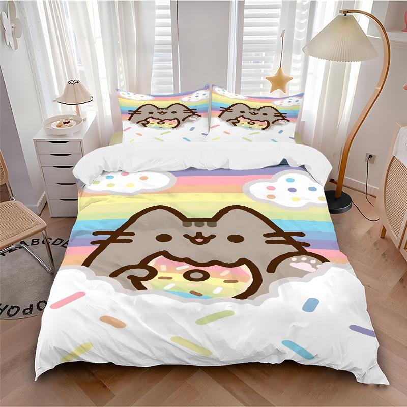 3pcs Rainbow Sprinkle Donut Pusheen Cat Bedding Set-Universal Three-Piece Suit for Bedroom, Guest Room, Living Room, Hotel Decor-Perfect Gif
