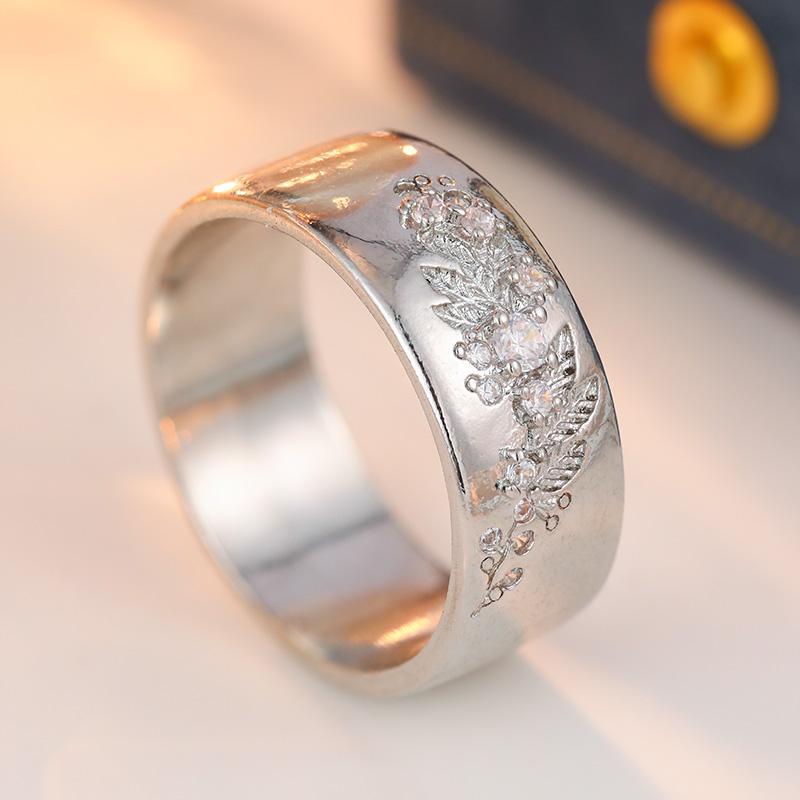 Sparkling Inlaid White CZ Flower Women's Ring Trendy CopperColor Hand Carving Daily Wear Party Jewelry Anniversary Gift