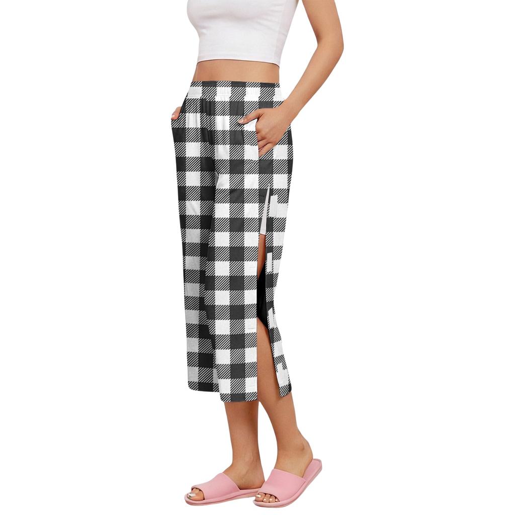 Pantaloni Capri da Donna per il Recupero Post-Chirurgico con Apertura Laterale, Vita Elastica, Leggeri, Comodi, Vestibilità Larga, Fantasia a Quadri