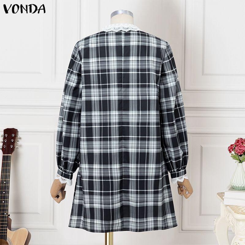 VONDA Elegant Women Casual Long Sleeve Lace Bow Knot Plaid Print Ruffled Dress