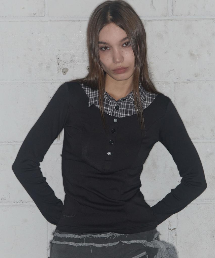 FANCY CLUB Layered Long Sleeve Shirt (Black) F25Zb023