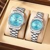 Relojes de Pareja MOBWOL Lujo Acero Inoxidable Cuarzo Pulsera para Hombres Mujeres Esfera Verde Dorado Calendario Regalo de Pareja para Él y Ella