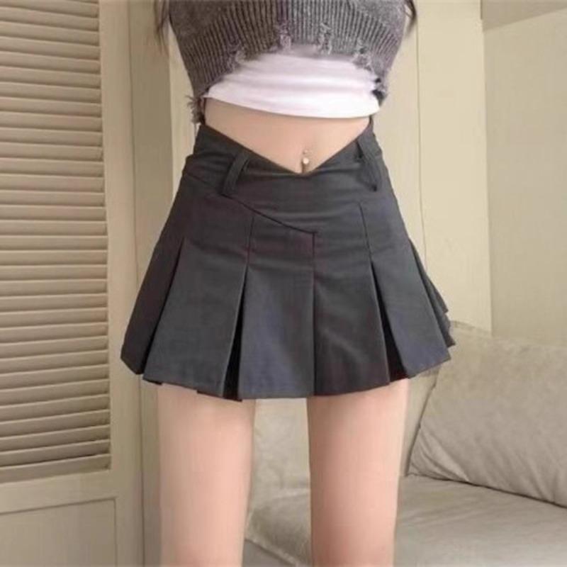 Summer Academic Style Sexy V Waist Ultra Short Skirt Anti Exposure A Line Skirt Slimming Low Waisted Pure Desire Pleated Skirt