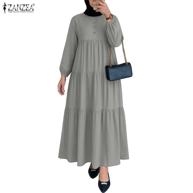 ZANZEA Women Casual Round Neck Solid Color Long Sleeve Long Dress