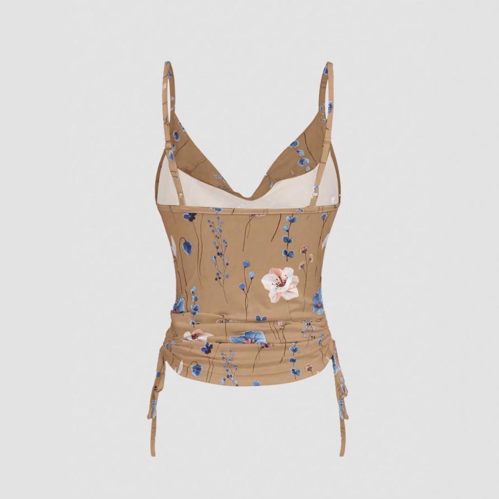 European and American women's clothing floral printing thin shoulder strap V-neck suspender drawstring pleated slim-fit short top