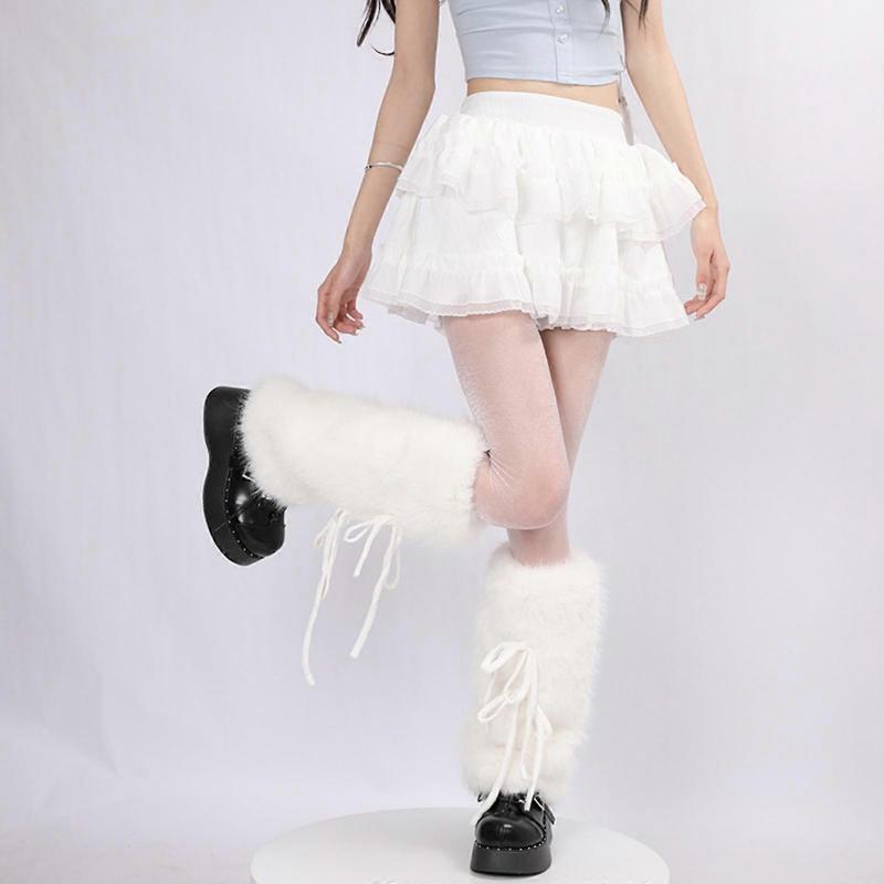 Plush Leg Covers with Sweet Bows Ties Subcultures Harajuku Footless Socks for Women Teen Girls Thick Fuzzy Boot Toppers