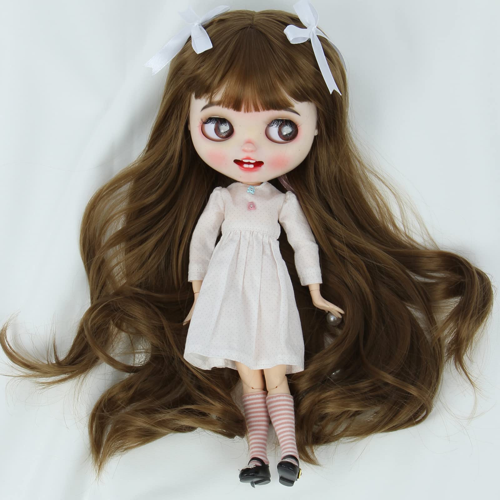 

Linfairy 9-10 inch Doll Double White Bow Long Curly Hair (Muffled Cyan)