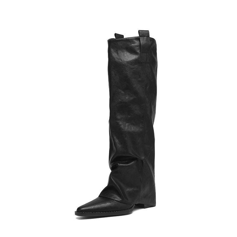 

Wasteland wind high-heeled trouser boots women s long black boots 2025 autumn and winter new thick-heeled pointed knight boots women s boots 35