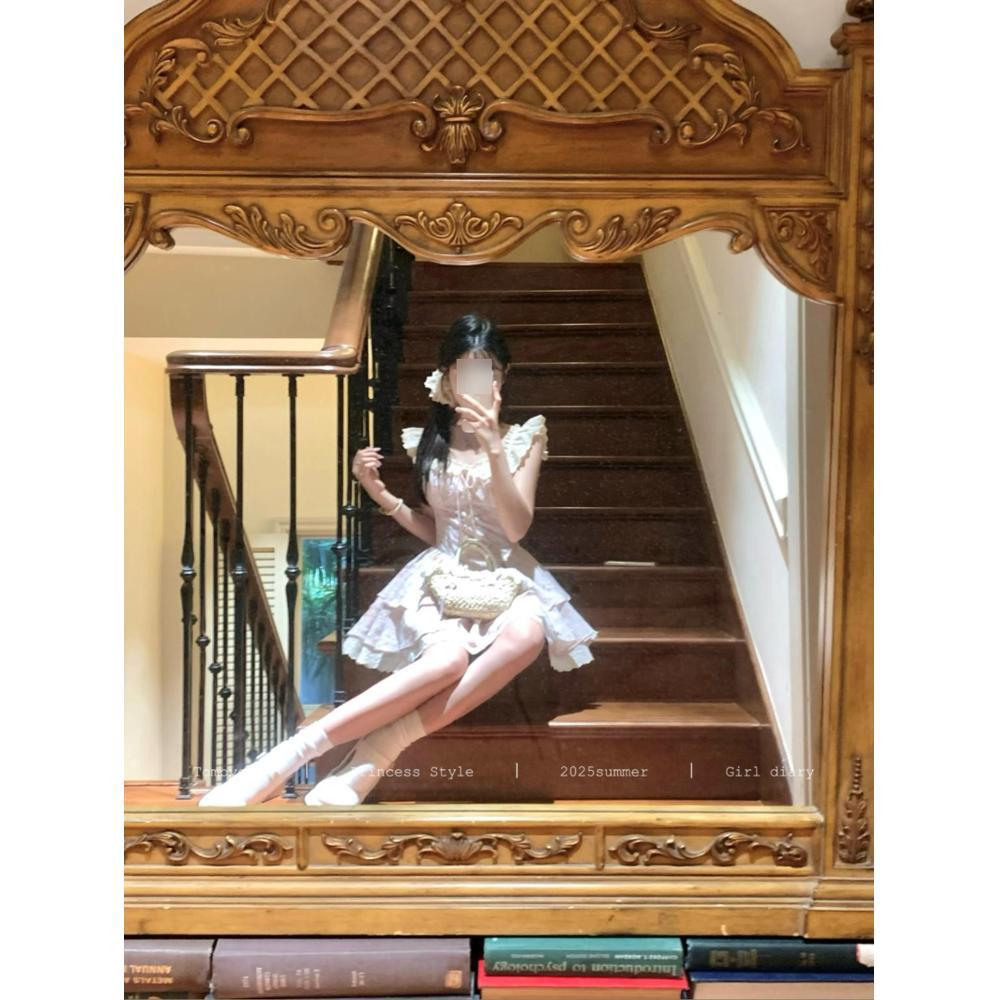 Summer sweet and gentle wind lace floral small flying sleeves splicing A word princess puffy dress dress waist and thin
