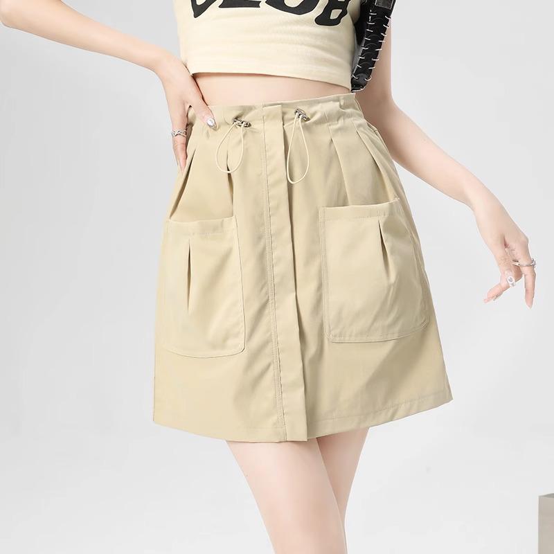 Gray American Work Skirt for Women's Summer New Drawstring Niche Design High Waist A-line Hip Skirt