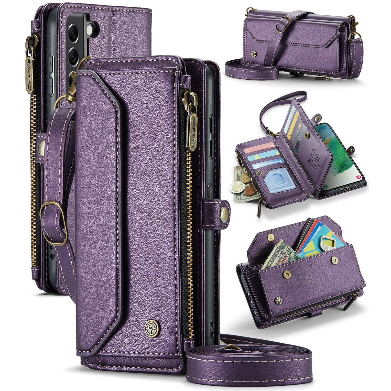

For Samsung Galaxy S21 FE 5G Leather Case CASEME C36 Zipper Multiple Card Slots Phone Cover with Straps Purple