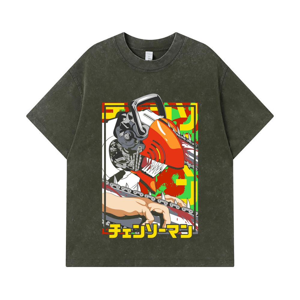 

275 GSM Washed T-shirts 100% Cotton Chainsaw Man V5 Denji Print Unisex Heavy Cotton T Shirt S
