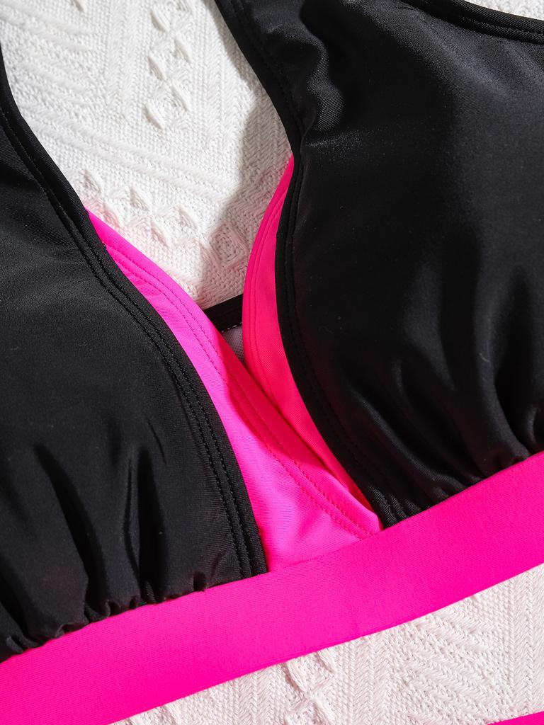Bikini Sexy de Dos Piezas con Bloques de Color, Escote Halter y Cintura Alta Elegante Traje de Baño para Mujer